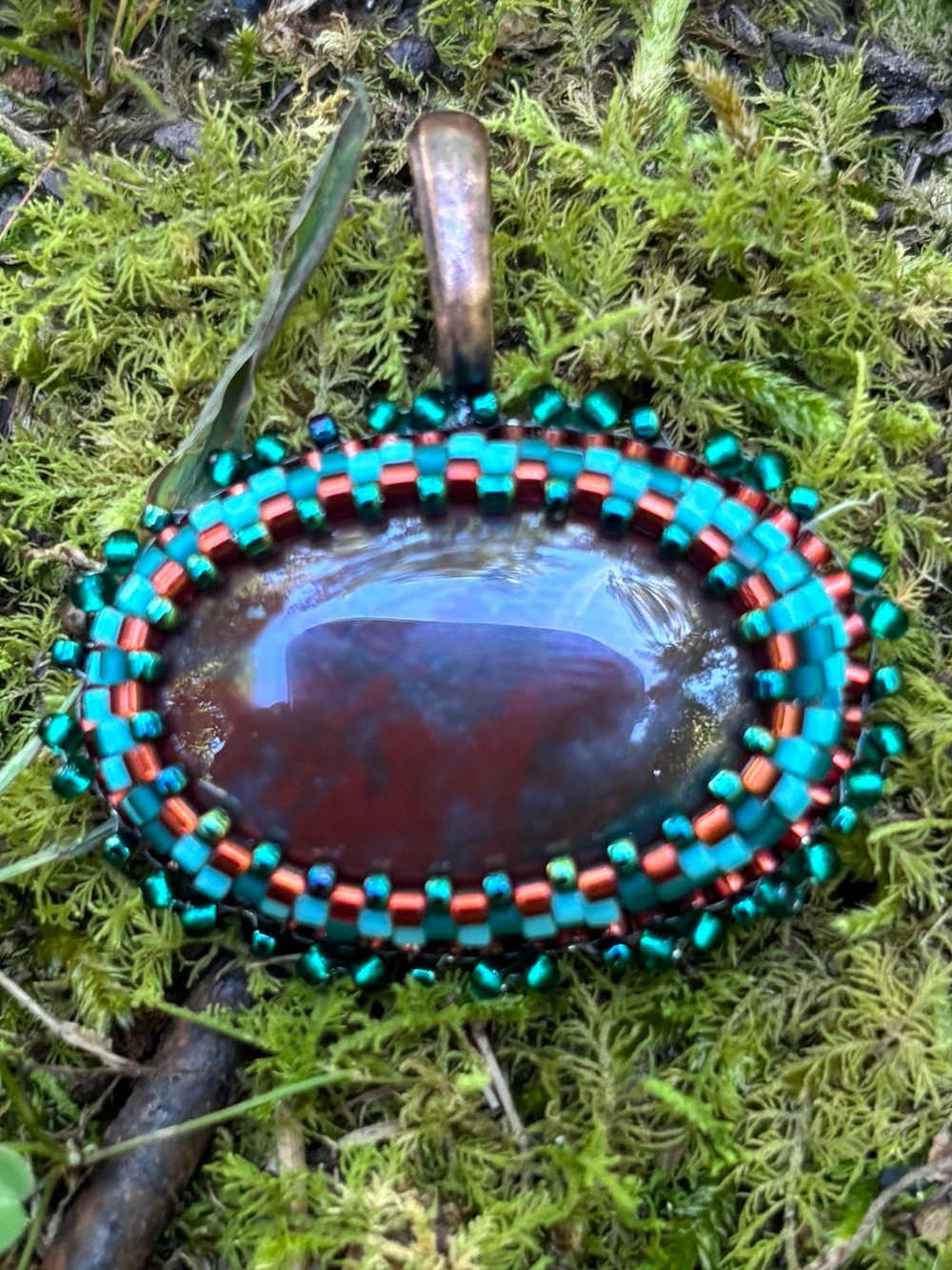 Handmade Beaded Bloodstone Semi-Precious Bead Embroidered Pendant